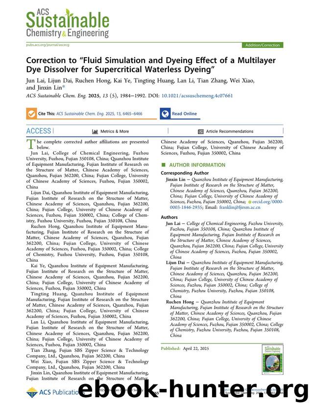 Correction to âFluid Simulation and Dyeing Effect of a Multilayer Dye Dissolver for Supercritical Waterless Dyeingâ by unknow