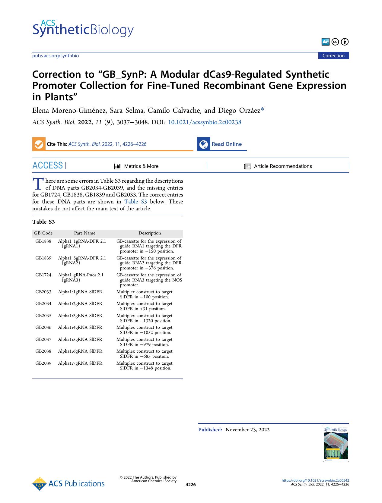 Correction to âGB_SynP: A Modular dCas9-Regulated Synthetic Promoter Collection for Fine-Tuned Recombinant Gene Expression in Plantsâ by Elena Moreno-Giménez Sara Selma Camilo Calvache and Diego Orzáez