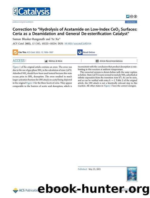 Correction to âHydrolysis of Acetamide on Low-Index CeO2 Surfaces: Ceria as a Deamidation and General De-esterification Catalystâ by Suman Bhasker-Ranganath and Ye Xu