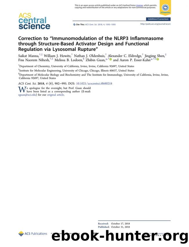 Correction to âImmunomodulation of the NLRP3 Inflammasome through Structure-Based Activator Design and Functional Regulation via Lysosomal Ruptureâ by unknow