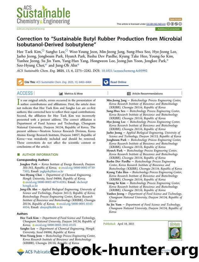 Correction to âSustainable Butyl Rubber Production from Microbial Isobutanol-Derived Isobutyleneâ by unknow