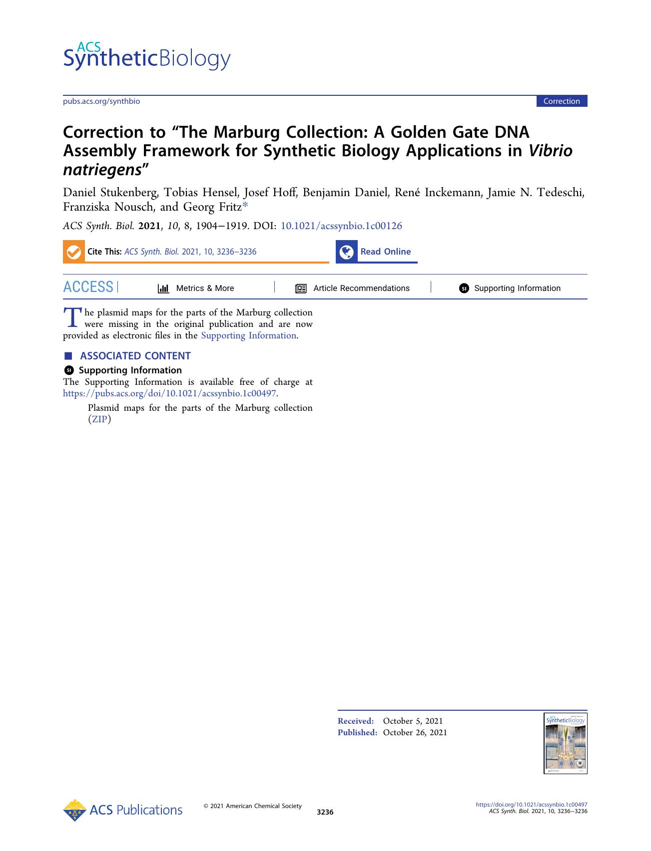 Correction to âThe Marburg Collection: A Golden Gate DNA Assembly Framework for Synthetic Biology Applications in Vibrio natriegensâ by unknow