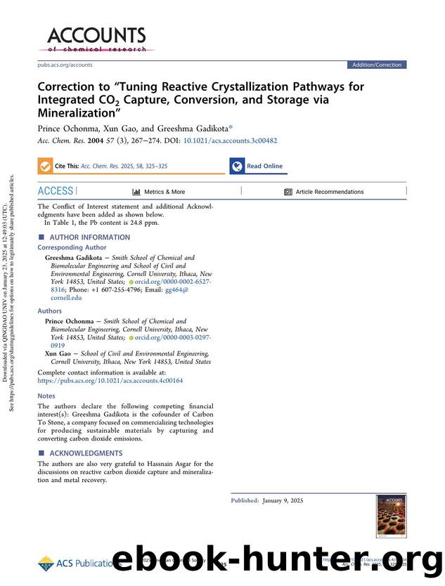 Correction to âTuning Reactive Crystallization Pathways for Integrated CO2 Capture, Conversion, and Storage via Mineralizationâ by Prince Ochonma Xun Gao & Greeshma Gadikota