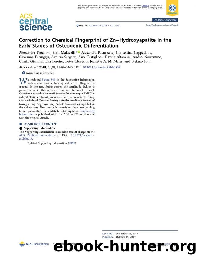 Correction to Chemical Fingerprint of ZnâHydroxyapatite in the Early Stages of Osteogenic Differentiation by unknow