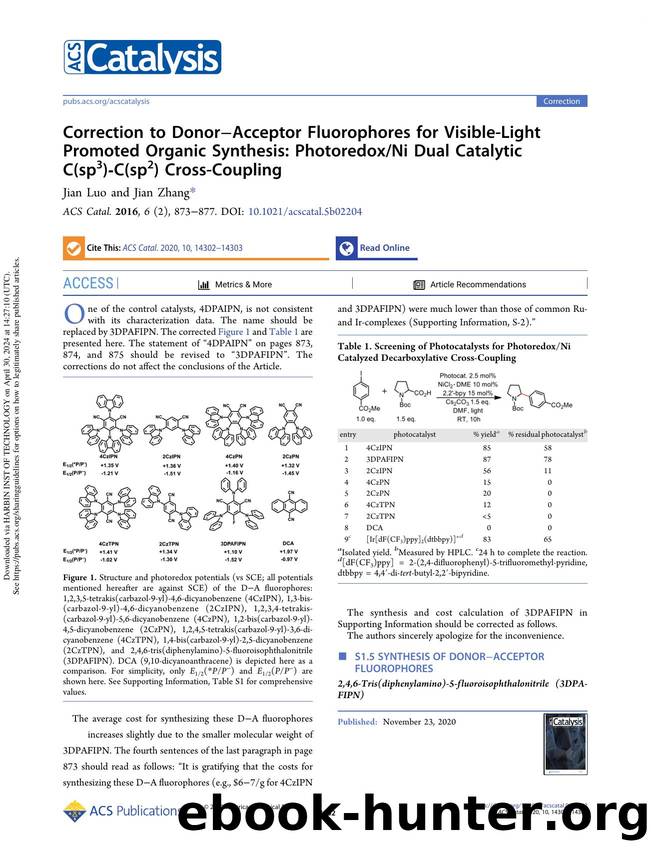 Correction to DonorâAcceptor Fluorophores for Visible-Light Promoted Organic Synthesis: PhotoredoxNi Dual Catalytic C(sp3)-C(sp2) Cross-Coupling by Jian Luo & Jian Zhang