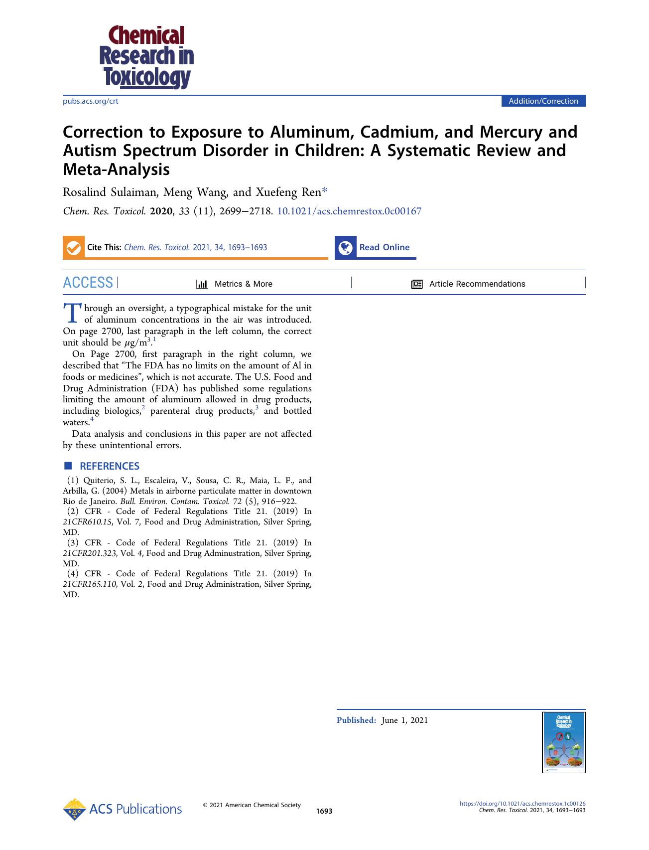 Correction to Exposure to Aluminum, Cadmium, and Mercury and Autism Spectrum Disorder in Children: A Systematic Review and Meta-Analysis by Rosalind Sulaiman Meng Wang and Xuefeng Ren