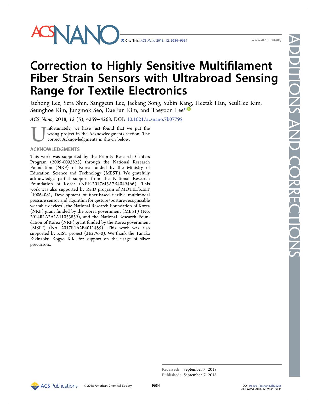 Correction to Highly Sensitive Multifilament Fiber Strain Sensors with Ultrabroad Sensing Range for Textile Electronics by unknow