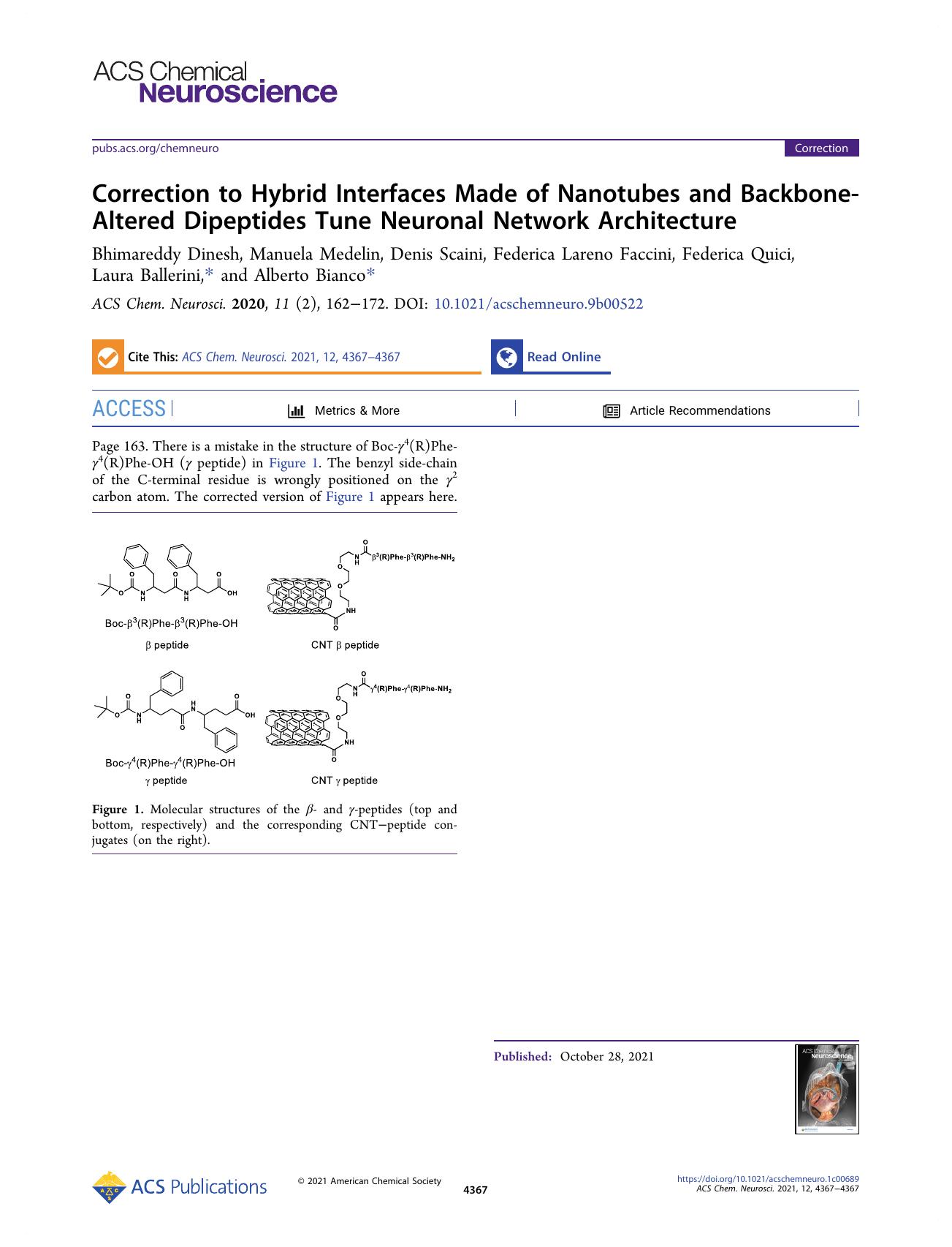 Correction to Hybrid Interfaces Made of Nanotubes and Backbone-Altered Dipeptides Tune Neuronal Network Architecture by unknow