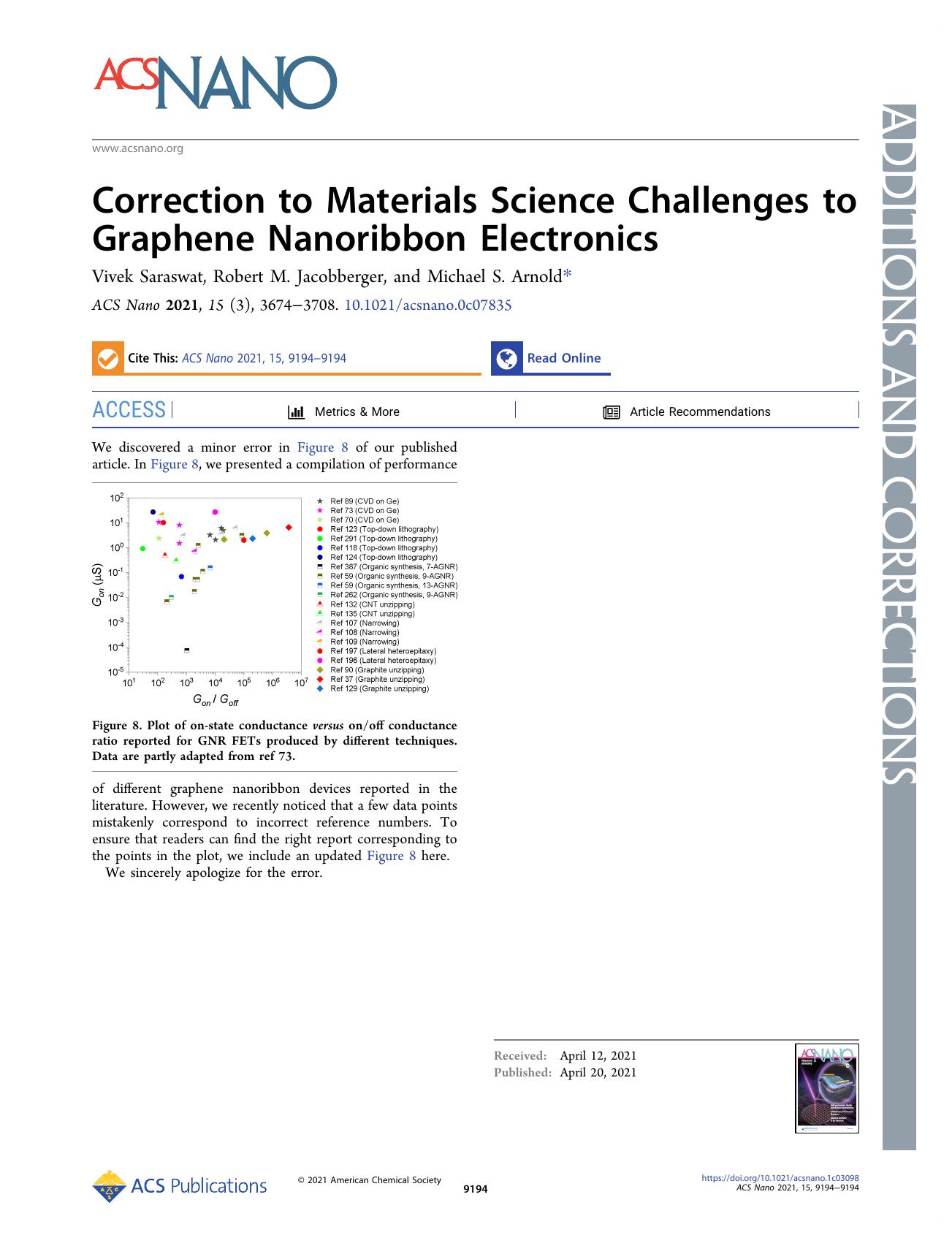Correction to Materials Science Challenges to Graphene Nanoribbon Electronics by Vivek Saraswat Robert M. Jacobberger and Michael S. Arnold