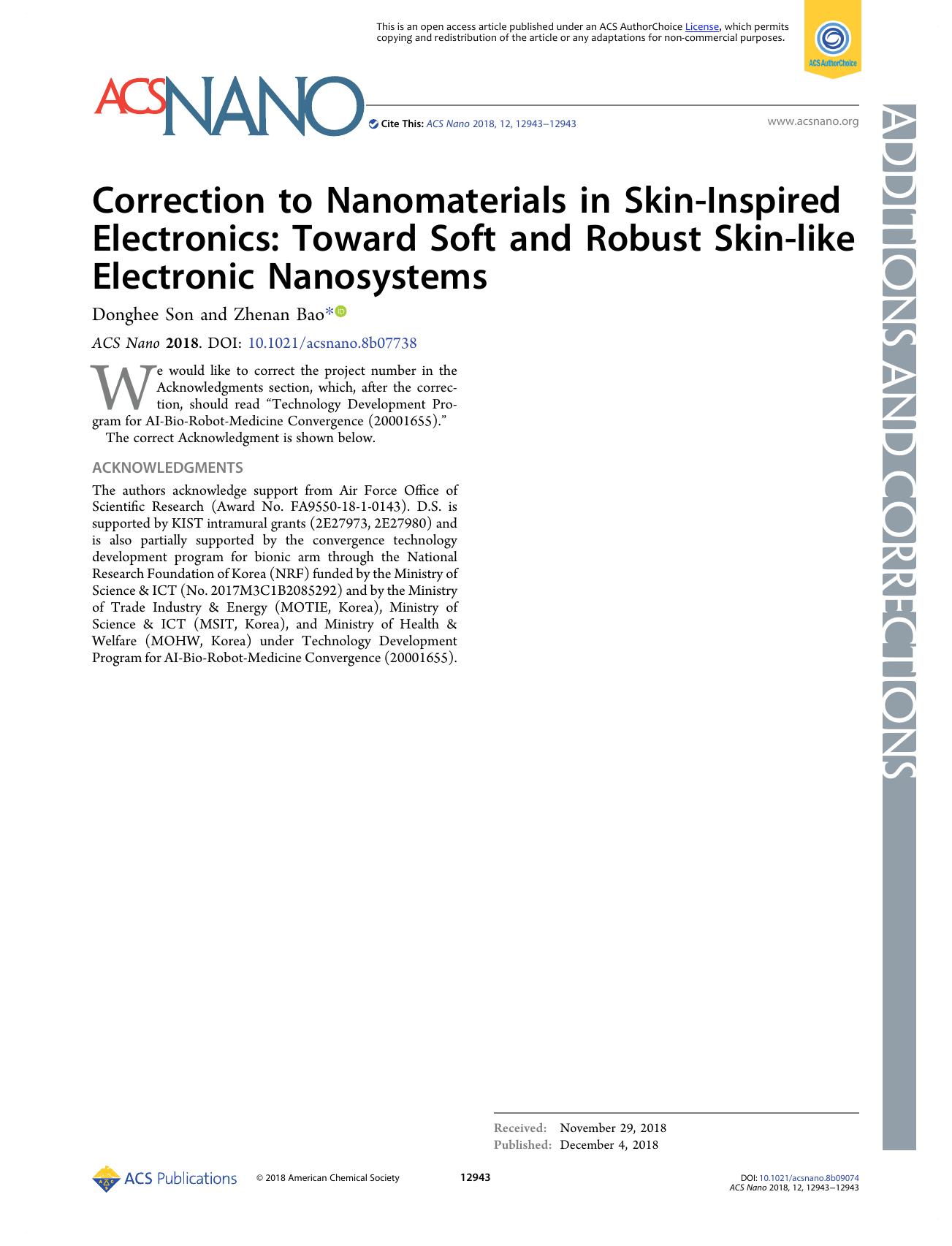 Correction to Nanomaterials in Skin-Inspired Electronics: Toward Soft and Robust Skin-like Electronic Nanosystems by Donghee Son and Zhenan Bao