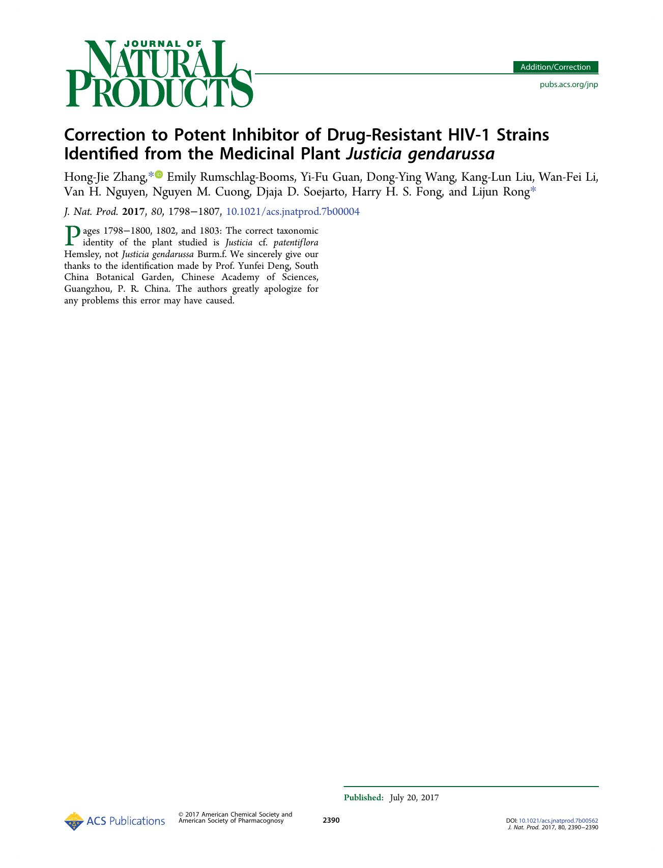 Correction to Potent Inhibitor of Drug-Resistant HIV-1 Strains Identified from the Medicinal Plant Justicia gendarussa by unknow