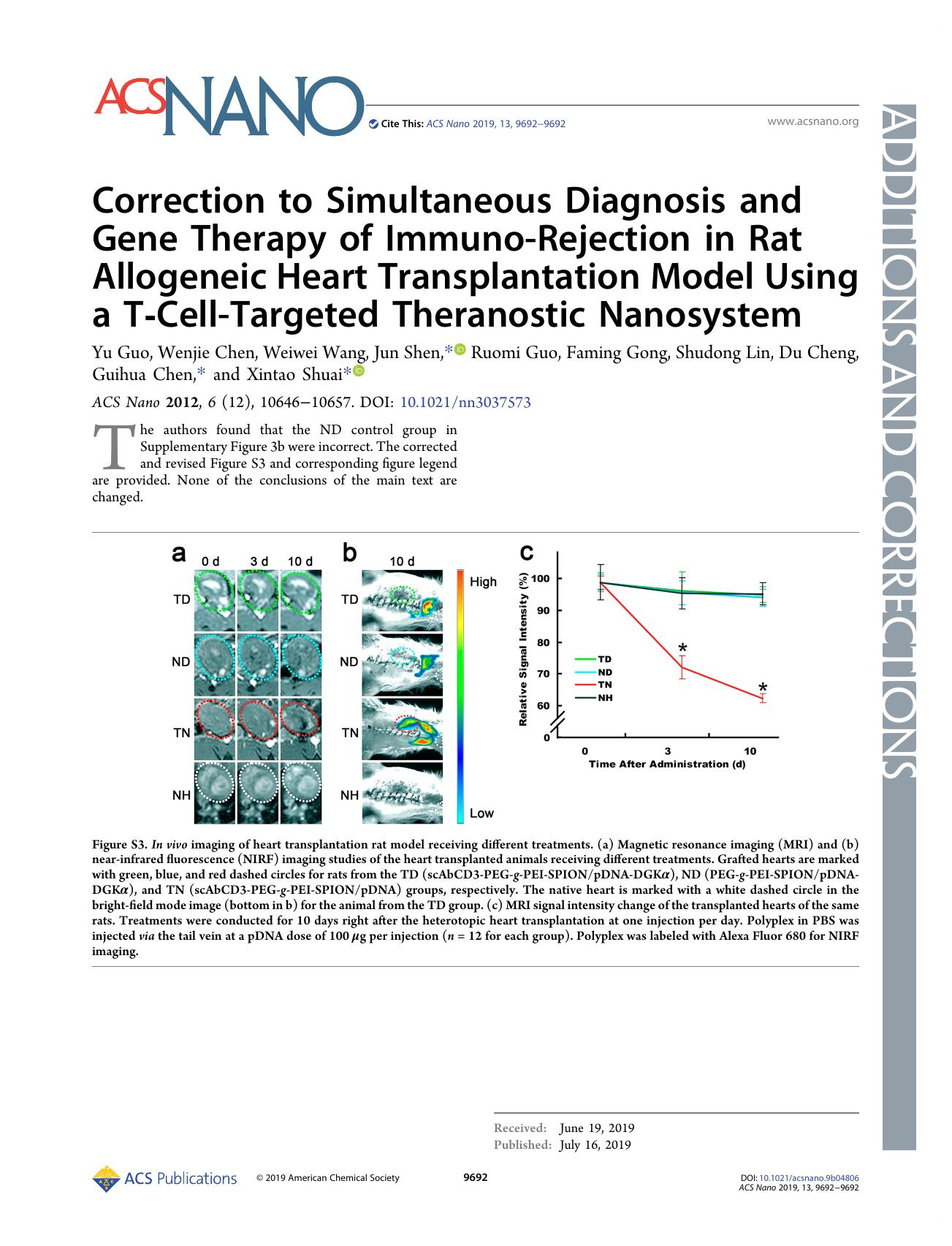 Correction to Simultaneous Diagnosis and Gene Therapy of Immuno-Rejection in Rat Allogeneic Heart Transplantation Model Using a T-Cell-Targeted Theranostic Nanosystem by unknow
