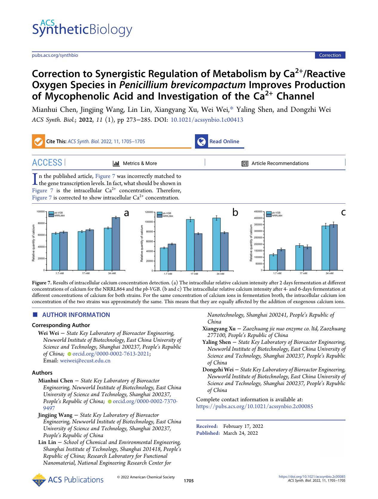 Correction to Synergistic Regulation of Metabolism by Ca2+Reactive Oxygen Species in Penicillium brevicompactum Improves Production of Mycophenolic Acid and Investigation of the Ca2+ Channel by Mianhui Chen Jingjing Wang Lin Lin Xiangyang Xu Wei Wei Yaling Shen and Dongzhi Wei