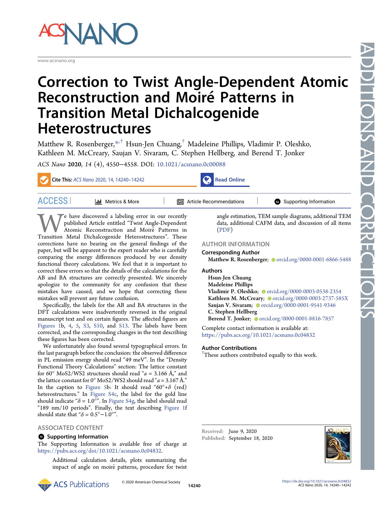 Correction to Twist Angle-Dependent Atomic Reconstruction and MoirÃ© Patterns in Transition Metal Dichalcogenide Heterostructures by unknow