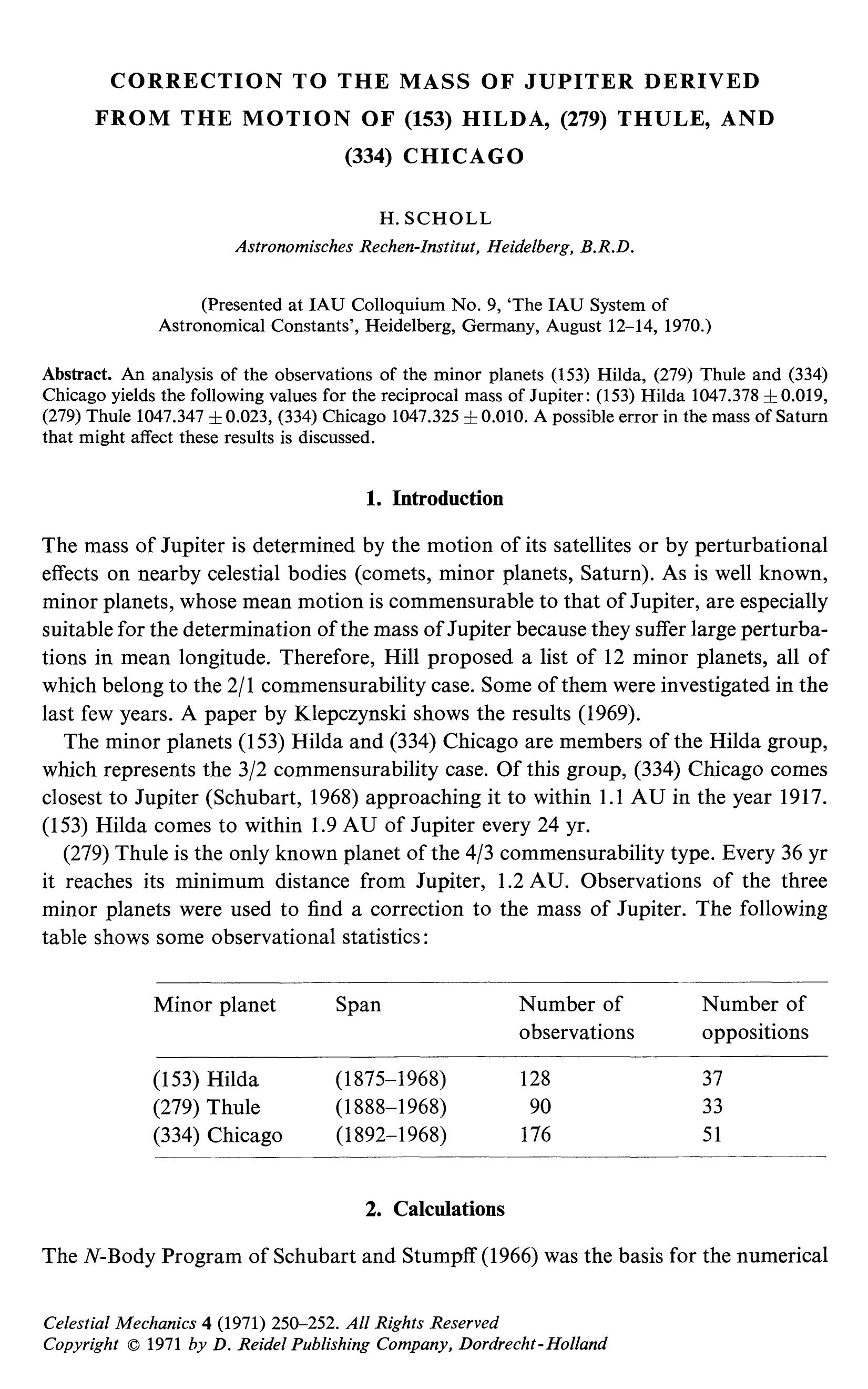 Correction to the mass of Jupiter derived from the motion of (153) Hilda, (279) Thule, and (334) Chicago by Unknown
