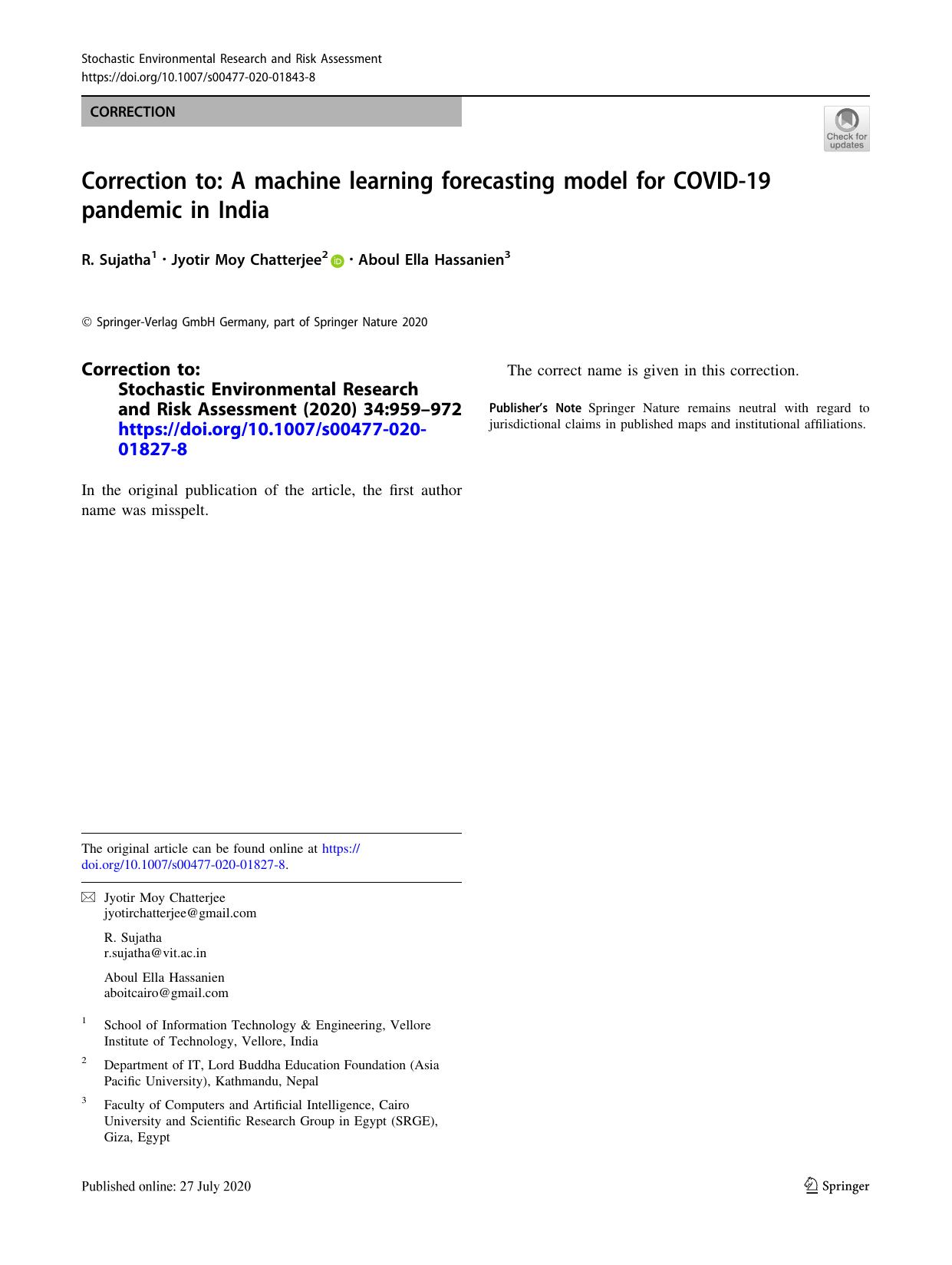 Correction to: A machine learning forecasting model for COVID-19 pandemic in India by R. Sujatha & Jyotir Moy Chatterjee & Aboul Ella Hassanien