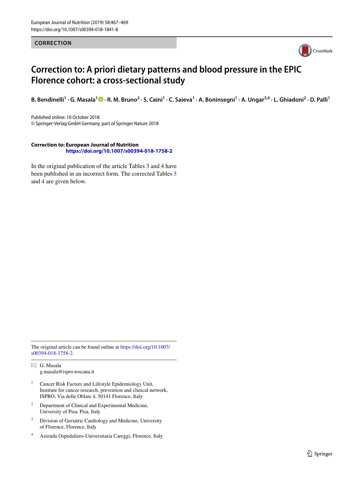 Correction to: A priori dietary patterns and blood pressure in the EPIC Florence cohort: a cross-sectional study by B. Bendinelli