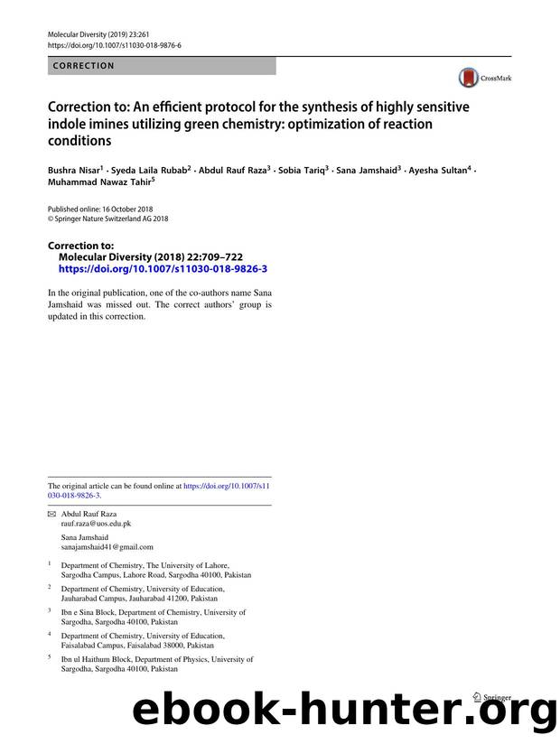Correction to: An efficient protocol for the synthesis of highly sensitive indole imines utilizing green chemistry: optimization of reaction conditions by unknow
