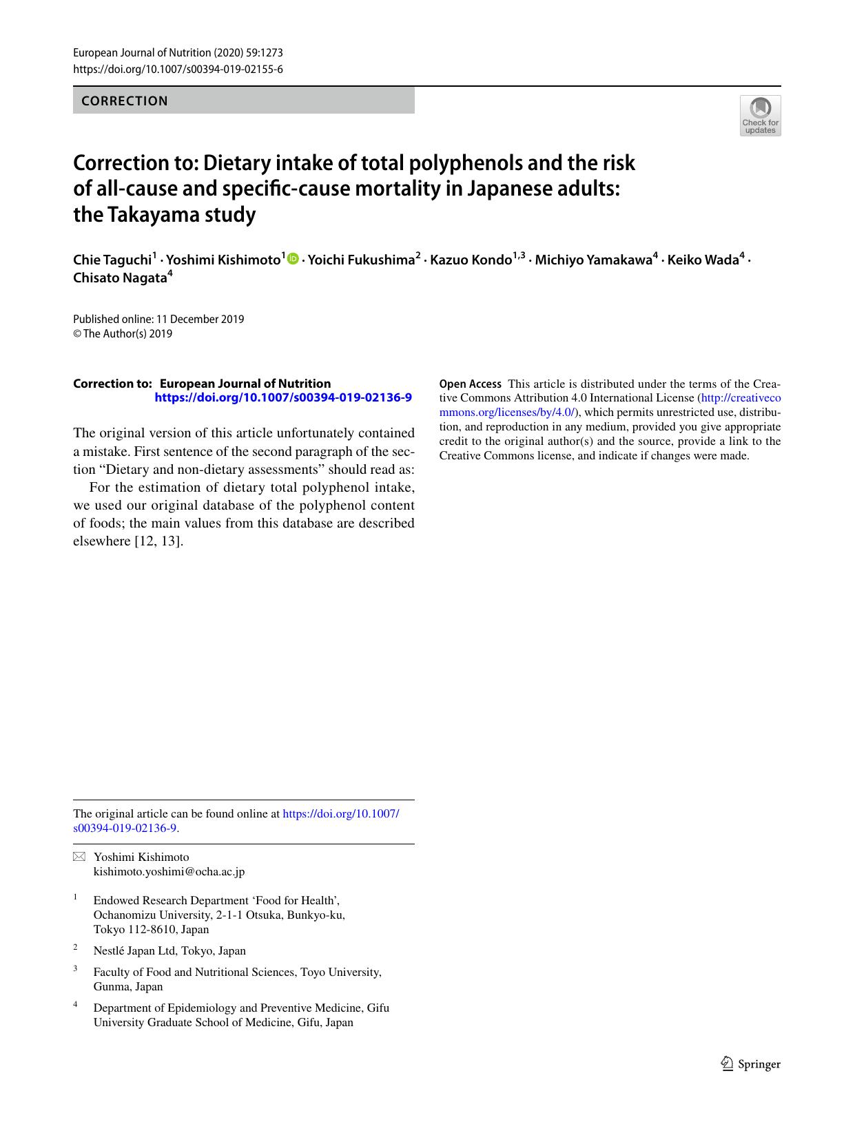 Correction to: Dietary intake of total polyphenols and the risk of all-cause and specific-cause mortality in Japanese adults: the Takayama study by unknow