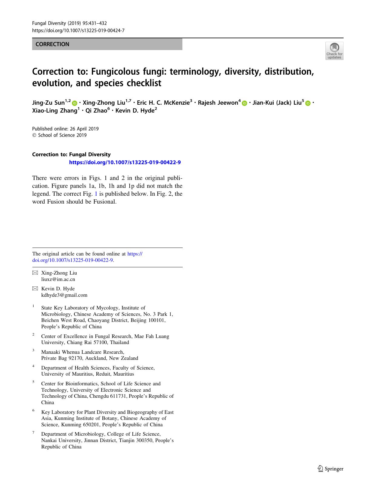 Correction to: Fungicolous fungi: terminology, diversity, distribution, evolution, and species checklist by unknow