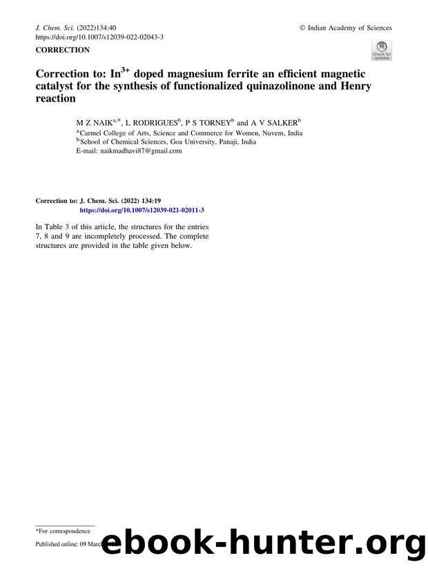 Correction to: In3+ doped magnesium ferrite an efficient magnetic catalyst for the synthesis of functionalized quinazolinone and Henry reaction by M Z Naik & L Rodrigues & P S Torney & A V Salker