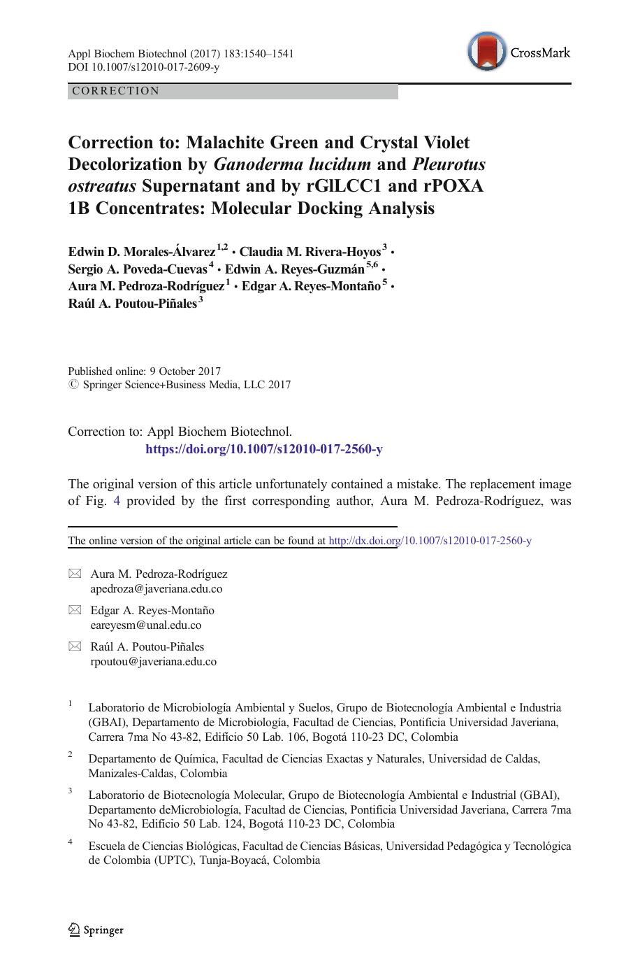 Correction to: Malachite Green and Crystal Violet Decolorization by Ganoderma lucidum and Pleurotus ostreatus Supernatant and by rGlLCC1 and rPOXA 1B Concentrates: Molecular Docking Analysis by unknow