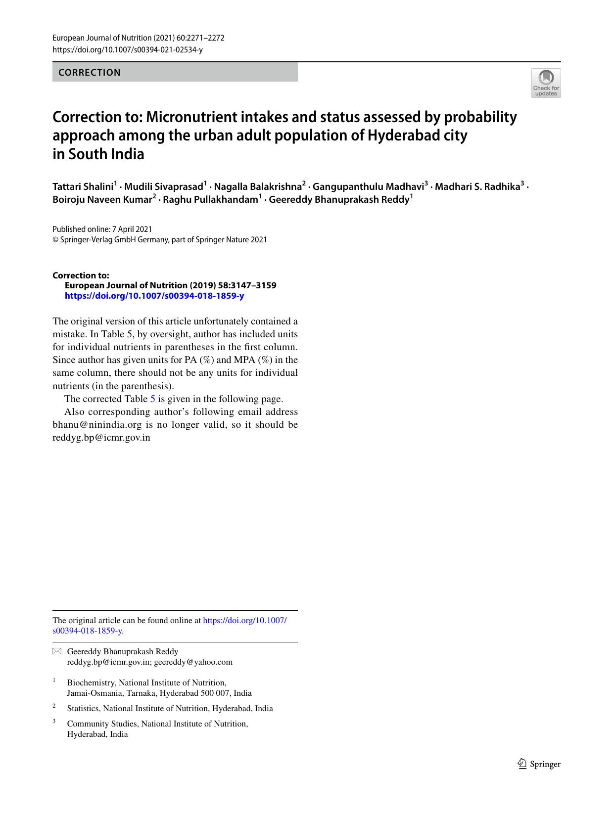 Correction to: Micronutrient intakes and status assessed by probability approach among the urban adult population of Hyderabad city in South India by unknow