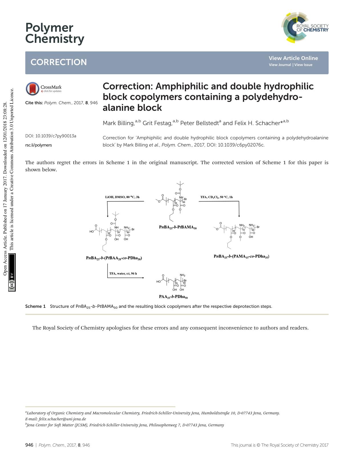 Correction: Amphiphilic and double hydrophilic block copolymers containing a polydehydroalanine block by Mark Billing Grit Festag Peter Bellstedt Felix H. Schacher