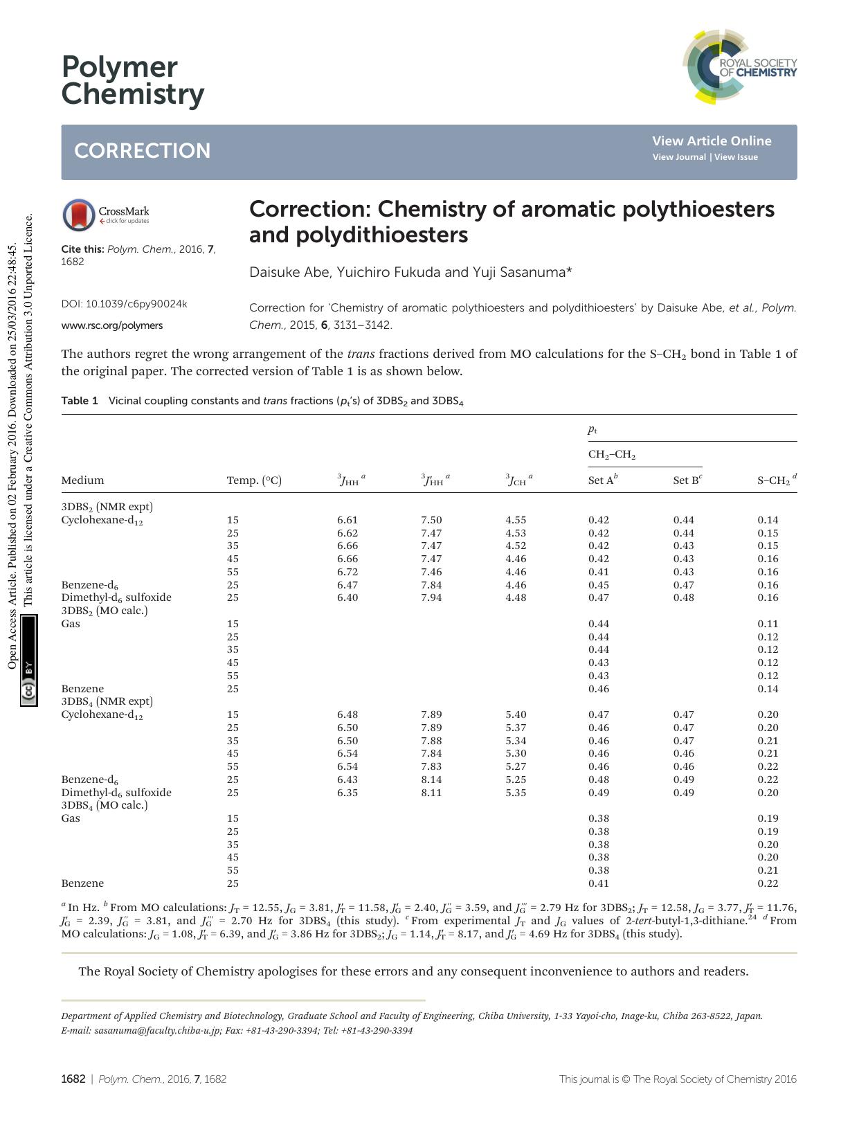 Correction: Chemistry of aromatic polythioesters and polydithioesters by Daisuke Abe Yuichiro Fukuda Yuji Sasanuma
