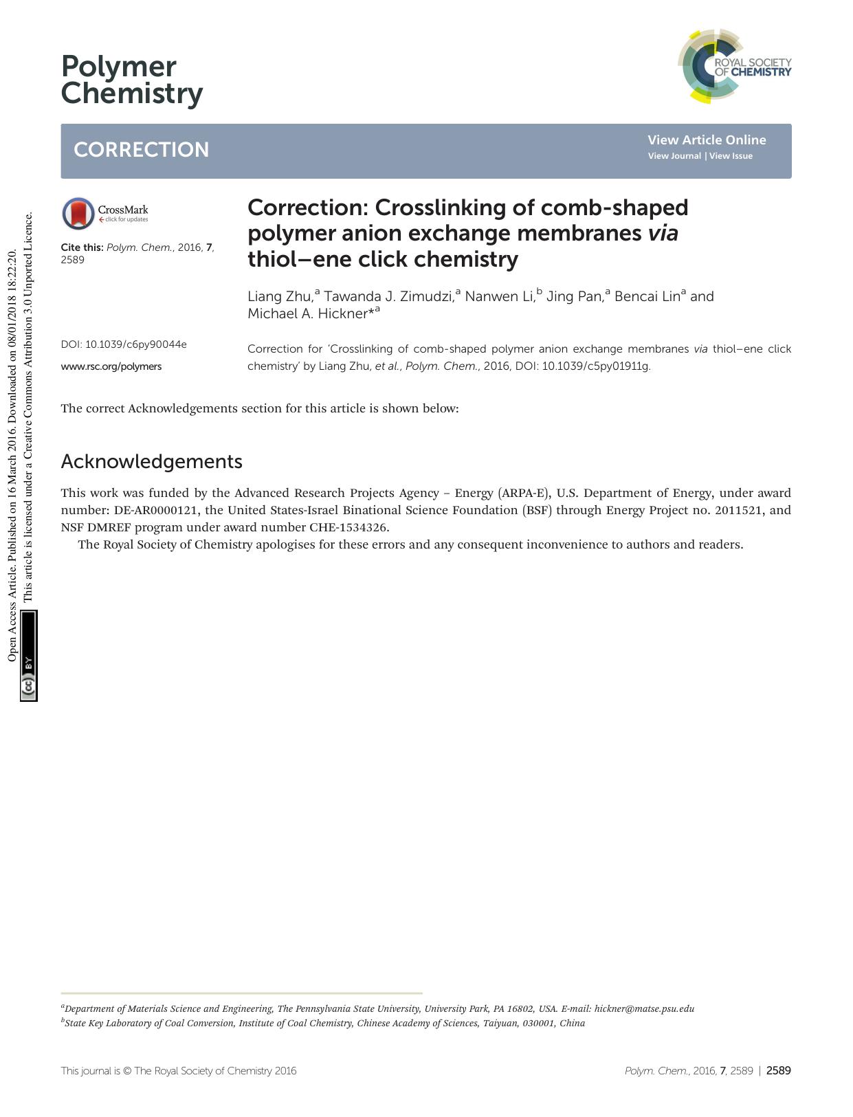Correction: Crosslinking of comb-shaped polymer anion exchange membranes via thiolâene click chemistry by Liang Zhu Tawanda J. Zimudzi Nanwen Li Jing Pan Bencai Lin Michael A. Hickner