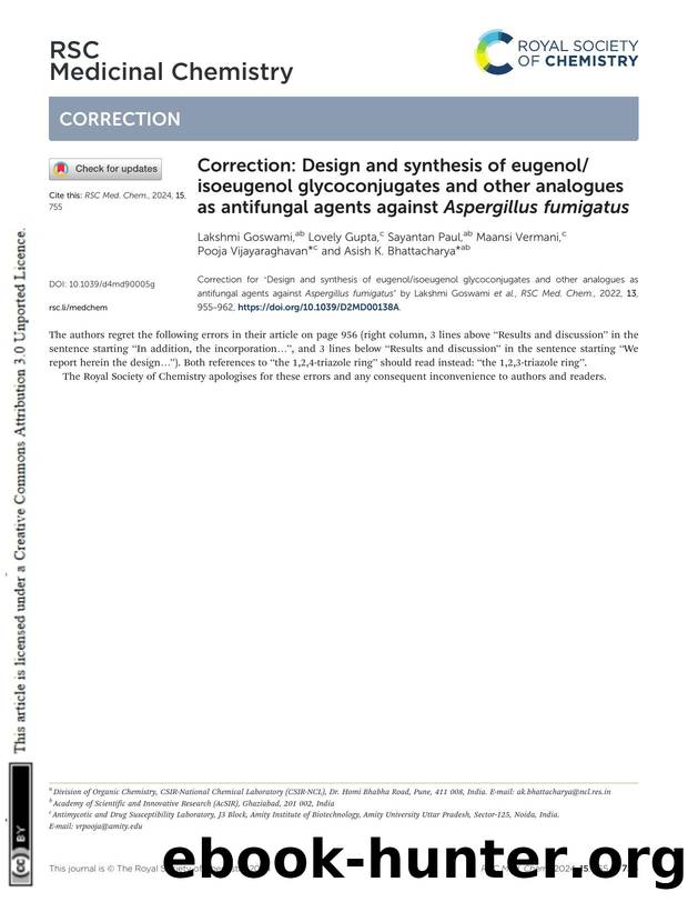 Correction: Design and synthesis of eugenolisoeugenol glycoconjugates and other analogues as antifungal agents against Aspergillus fumigatus by unknow