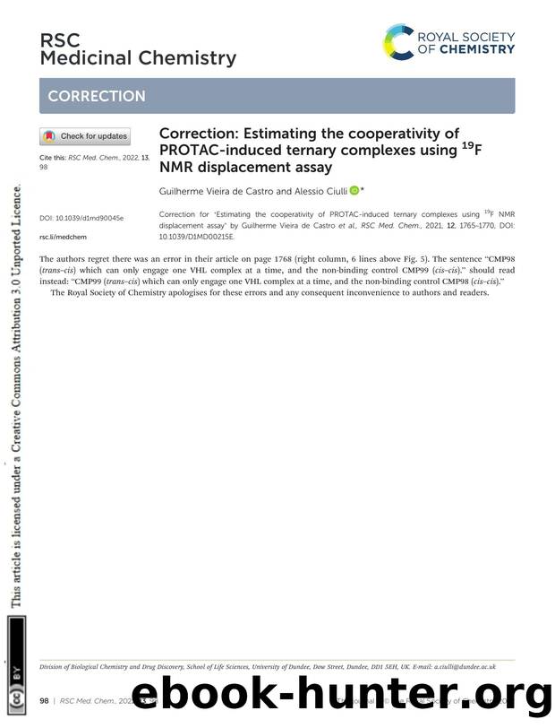 Correction: Estimating the cooperativity of PROTAC-induced ternary complexes using 19F NMR displacement assay by Guilherme Vieira de Castro & Alessio Ciulli