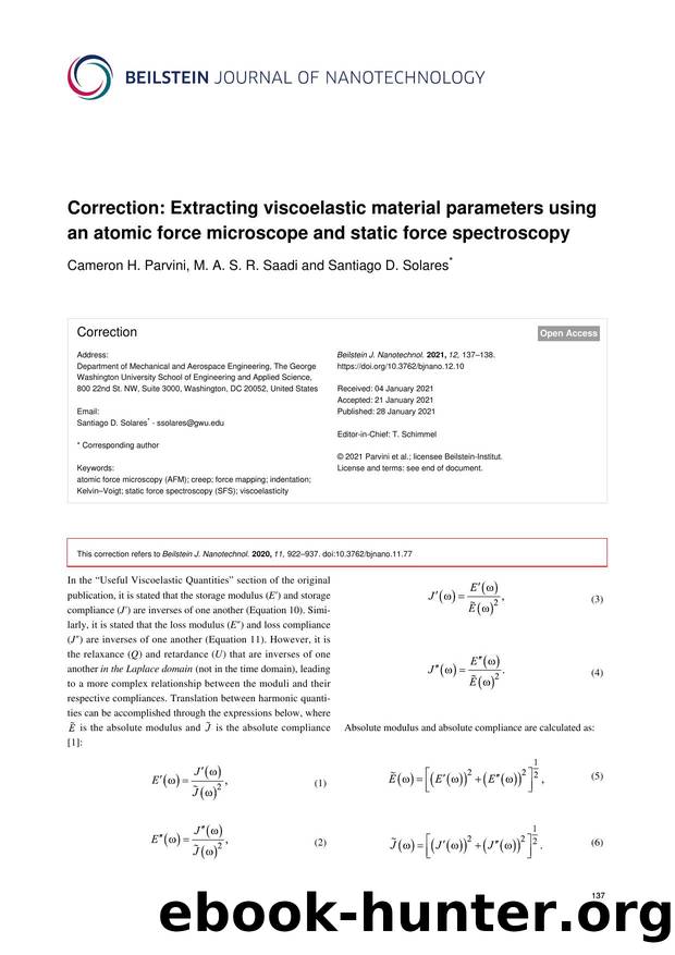 Correction: Extracting viscoelastic material parameters using an atomic force microscope and static force spectroscopy by Cameron H. Parvini M. A. S. R. Saadi Santiago D. Solares