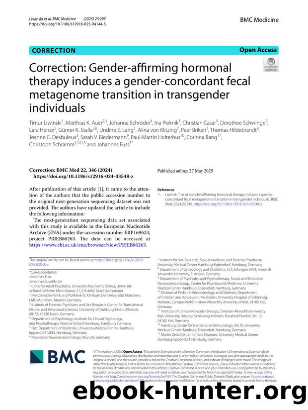 Correction: Gender-affirming hormonal therapy induces a gender-concordant fecal metagenome transition in transgender individuals by unknow