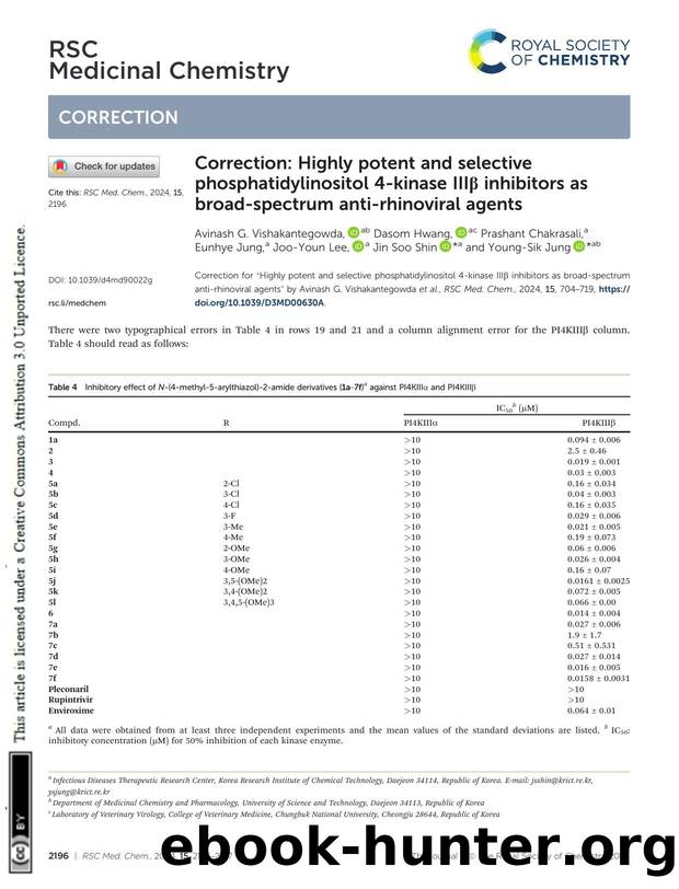 Correction: Highly potent and selective phosphatidylinositol 4-kinase IIIÎ² inhibitors as broad-spectrum anti-rhinoviral agents by unknow