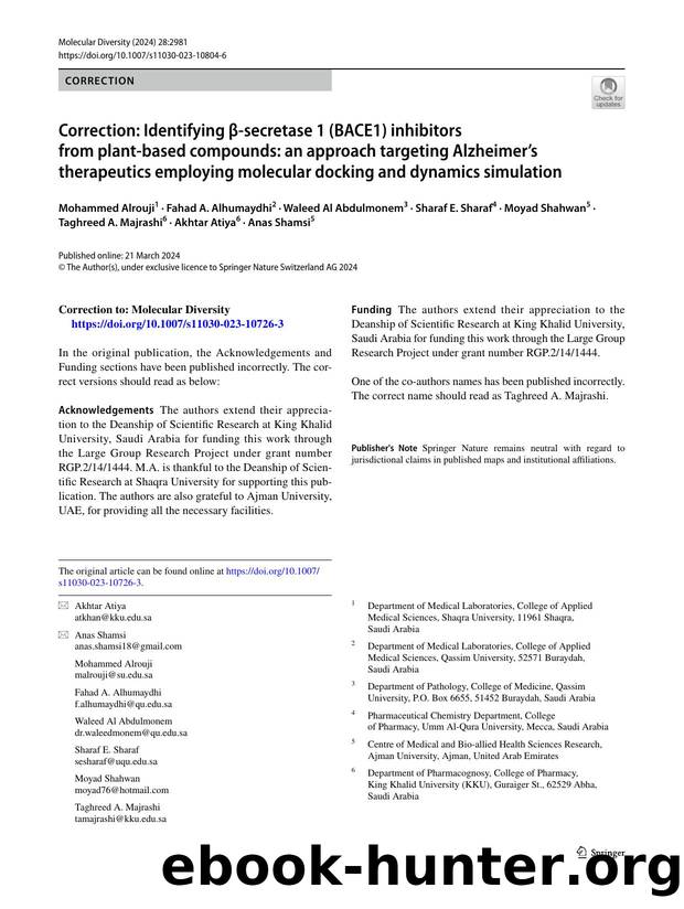 Correction: Identifying Î²-secretase 1 (BACE1) inhibitors from plant-based compounds: an approach targeting Alzheimerâs therapeutics employing molecular docking and dynamics simulation by unknow