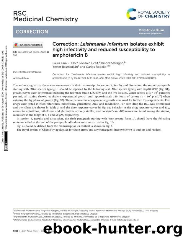 Correction: Leishmania infantum isolates exhibit high infectivity and reduced susceptibility to amphotericin B by Paula Faral-Tello & Gonzalo Greif & Dinora Satragno & Yester Basmadjián & Carlos Robello