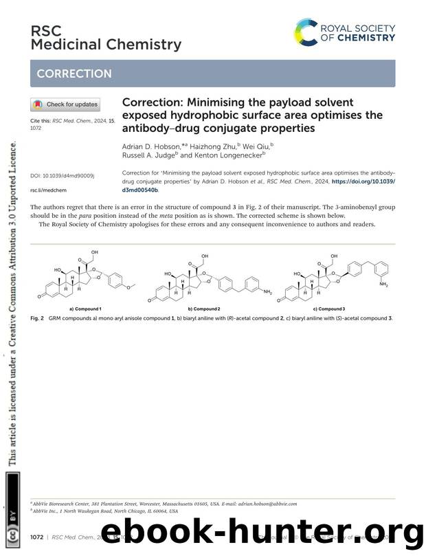 Correction: Minimising the payload solvent exposed hydrophobic surface area optimises the antibodyâdrug conjugate properties by Adrian D. Hobson & Haizhong Zhu & Wei Qiu & Russell A. Judge & Kenton Longenecker