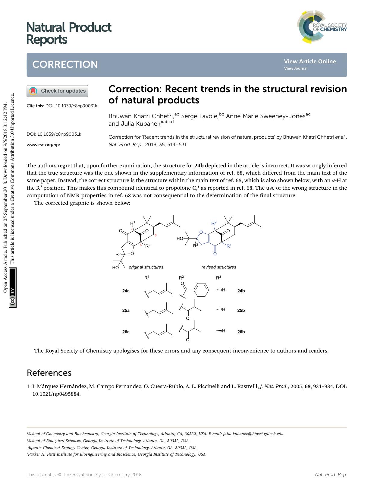 Correction: Recent trends in the structural revision of natural products by Bhuwan Khatri Chhetri & Serge Lavoie & Anne Marie Sweeney-Jones & Julia Kubanek