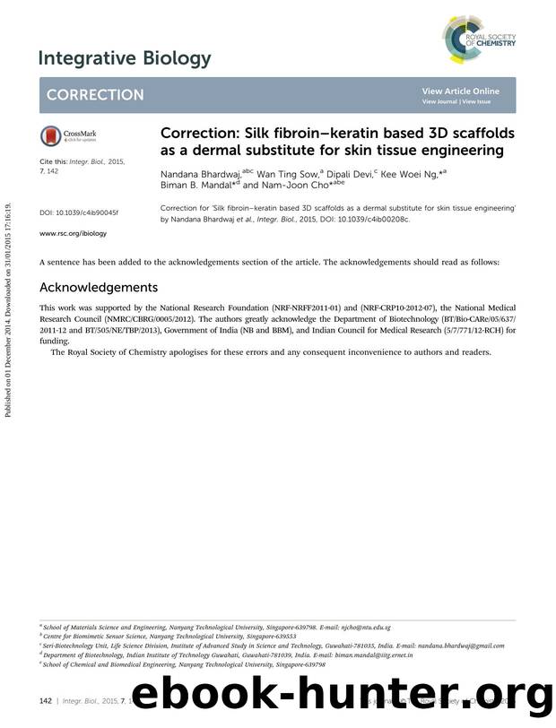 Correction: Silk fibroin–keratin based 3D scaffolds as a dermal substitute for skin tissue engineering by Nandana Bhardwaj & Wan Ting Sow & Dipali Devi & Kee Woei Ng & Biman B. Mandal & Nam-Joon Cho