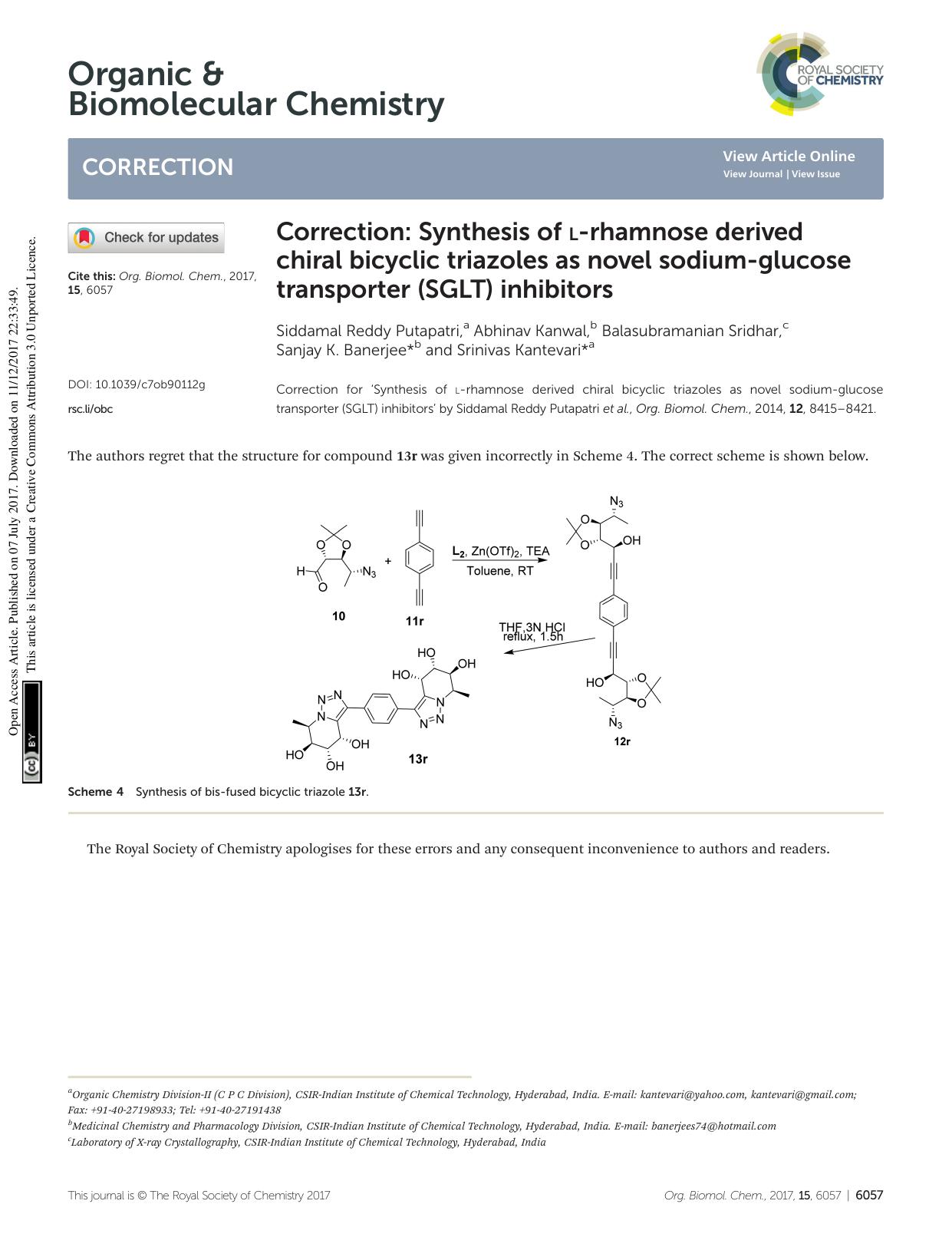 Correction: Synthesis of L-rhamnose derived chiral bicyclic triazoles as novel sodium-glucose transporter (SGLT) inhibitors by unknow