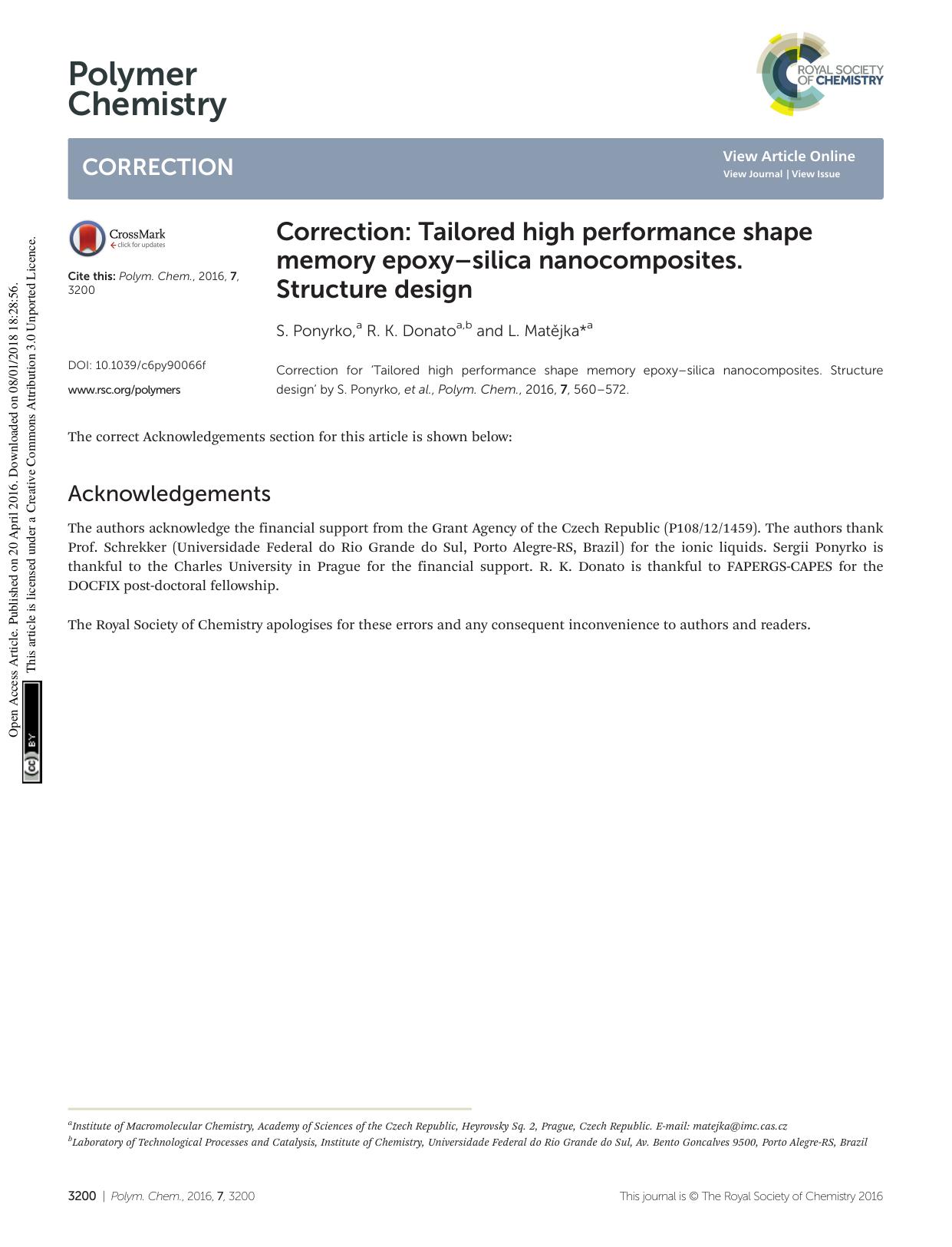 Correction: Tailored high performance shape memory epoxyâsilica nanocomposites. Structure design by S. Ponyrko R. K. Donato L. Matějka