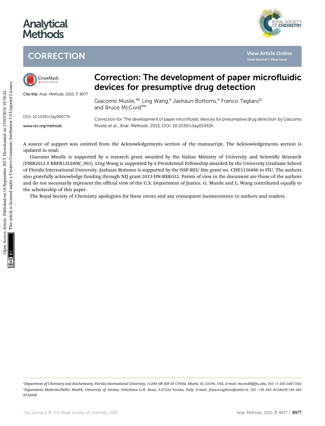 Correction: The development of paper microfluidic devices for presumptive drug detection by Giacomo Musile & Ling Wang & Jashaun Bottoms & Franco Tagliaro & Bruce McCord