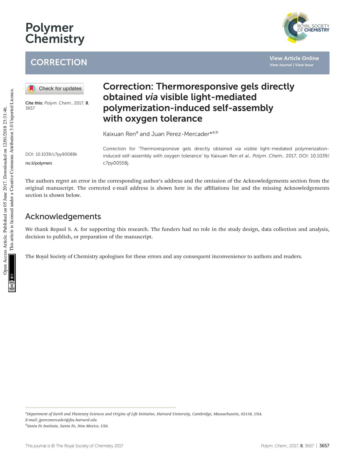 Correction: Thermoresponsive gels directly obtained via visible light-mediated polymerization-induced self-assembly with oxygen tolerance by Kaixuan Ren Juan Perez-Mercader