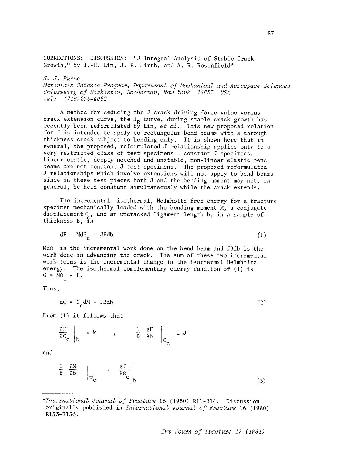 Corrections: Discussion: “J Integral Analysis of Stable Crack Growth,” by I.-H. Lin, J. P. Hirth, and A. R. Rosenfield by Unknown