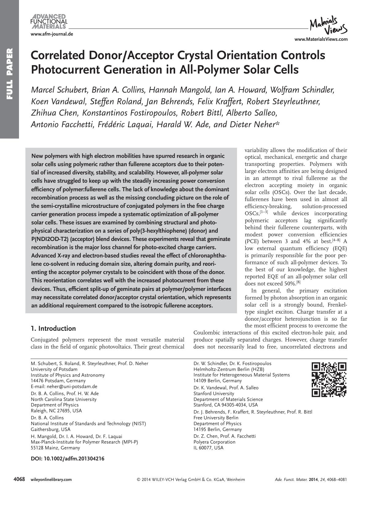 Correlated DonorAcceptor Crystal Orientation Controls Photocurrent Generation in AllPolymer Solar Cells by processteam
