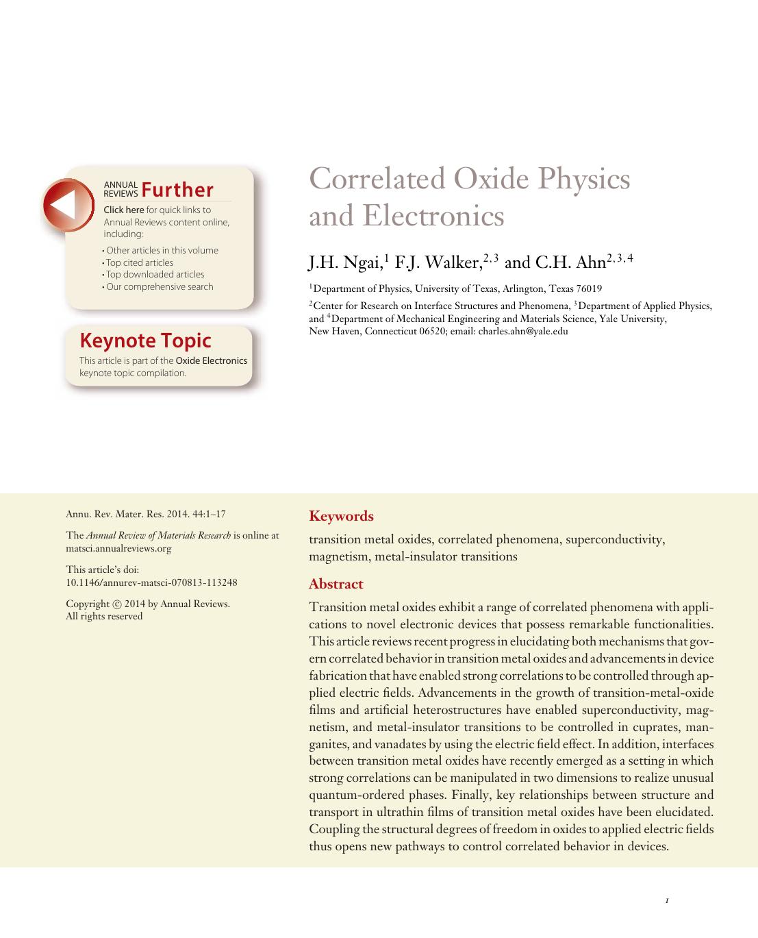 Correlated Oxide Physics and Electronics by J.H. Ngai F.J. Walker C.H. Ahn