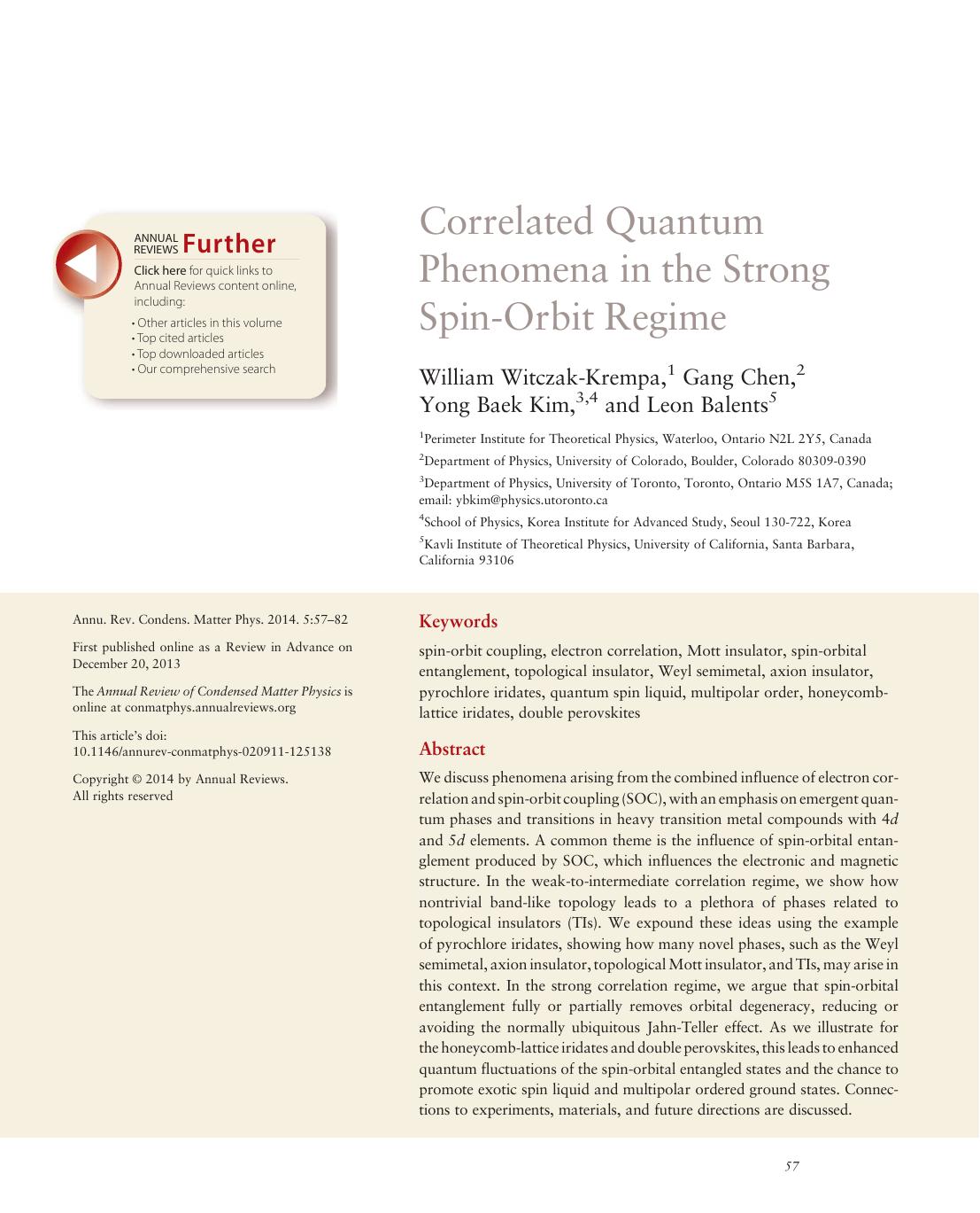 Correlated Quantum Phenomena in the Strong Spin-Orbit Regime by William Witczak-Krempa Gang Chen Yong Baek Kim Leon Balents