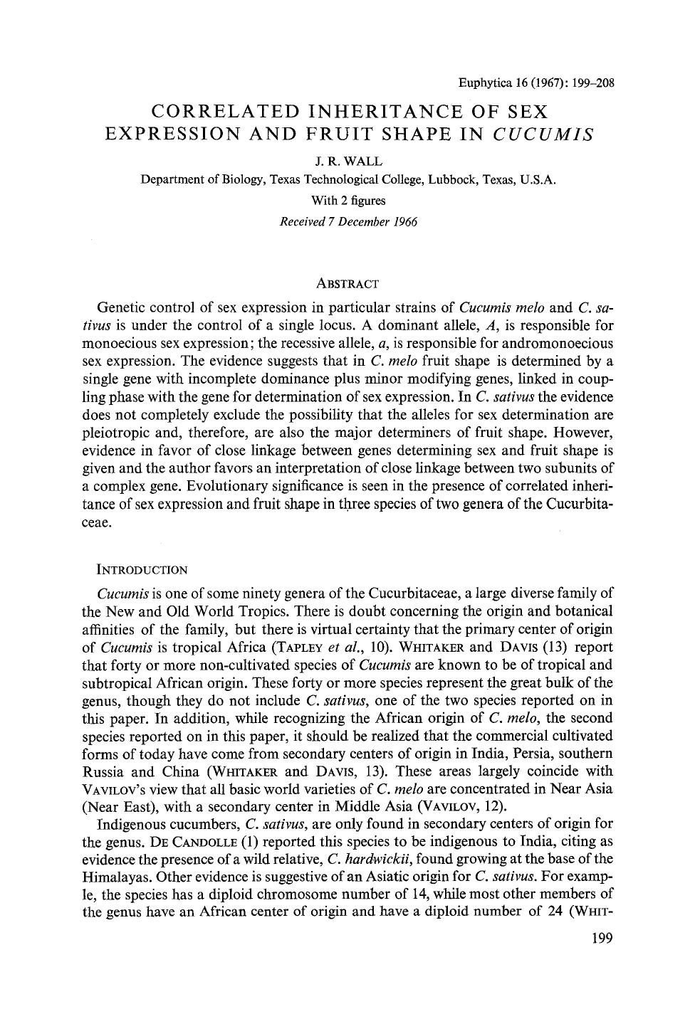 Correlated inheritance of sex expression and fruit shape in <Emphasis Type="Italic">Cucumis<Emphasis> by Unknown