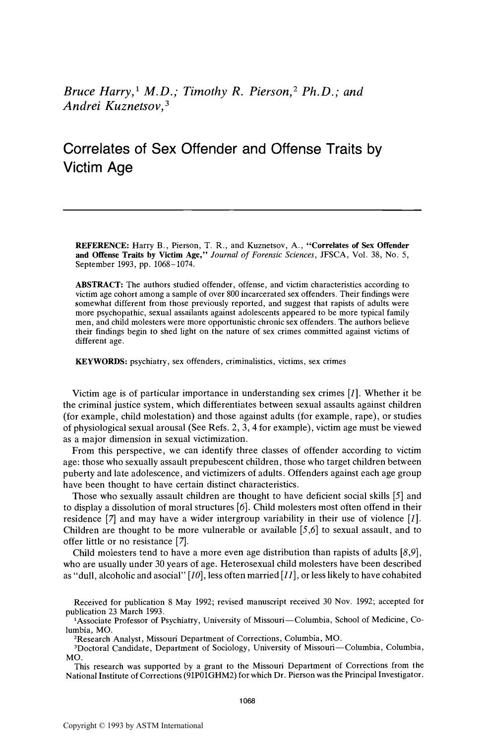 Correlates of Sex Offender and Offense Traits by Victim Age by Harry B Pierson TR Kuznetsov A